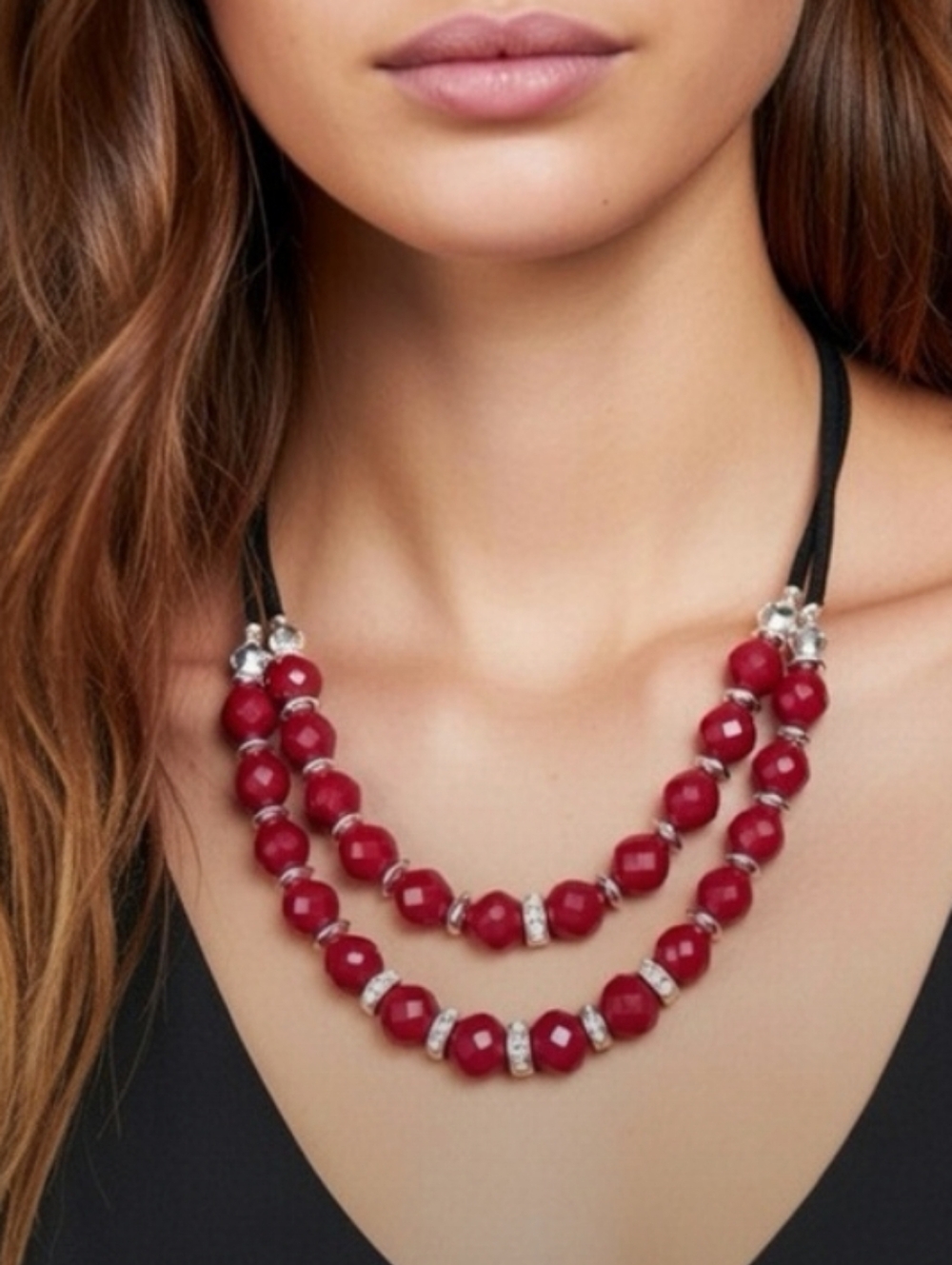 White House Black Market-Elegant Double-Row Red Beaded Necklace ❤️